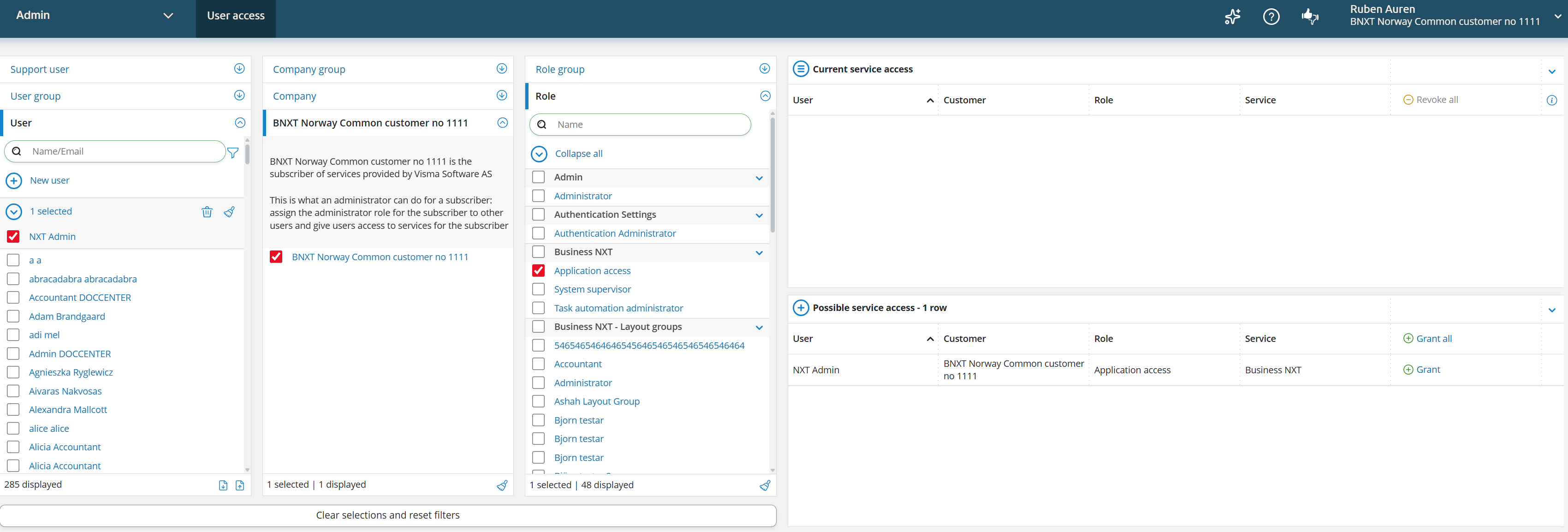 Image of selections in the Admin page